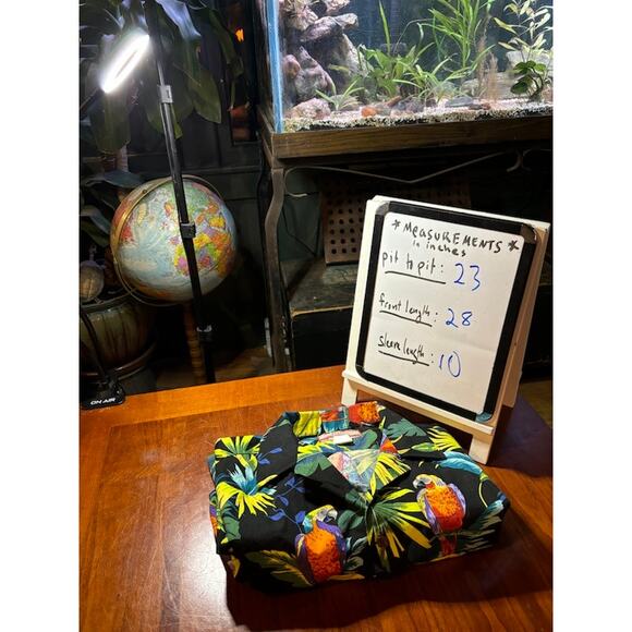 VTG Hawaiian shirt button up short sleeve tropical jungle leaves and parrots L - Picture 7 of 7